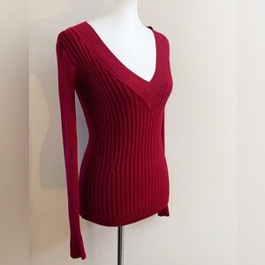 Y2K Energie Burgundy V-Neck Ribbed Knit Sweater Fall Casual Twee Academia School